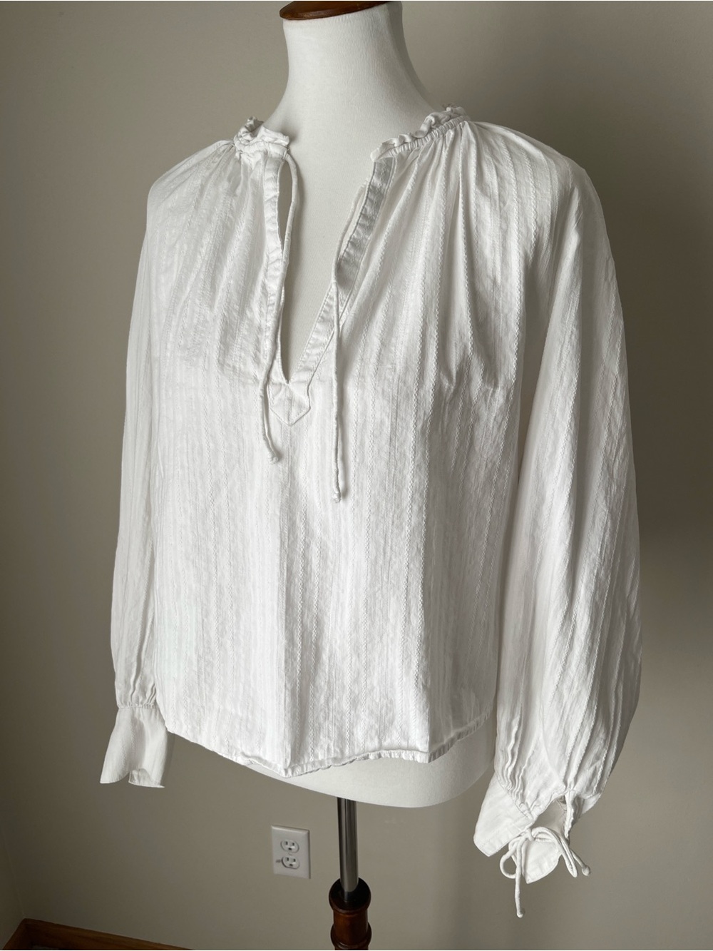 Divided White Tie-Neck Peasant Blouse